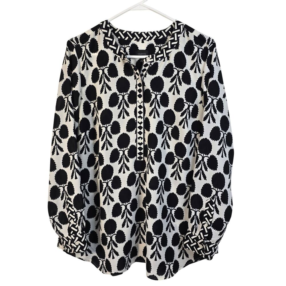 Talbots Band Collar Popover Blouse Women's L Black Cream Feminine Preppy Classic